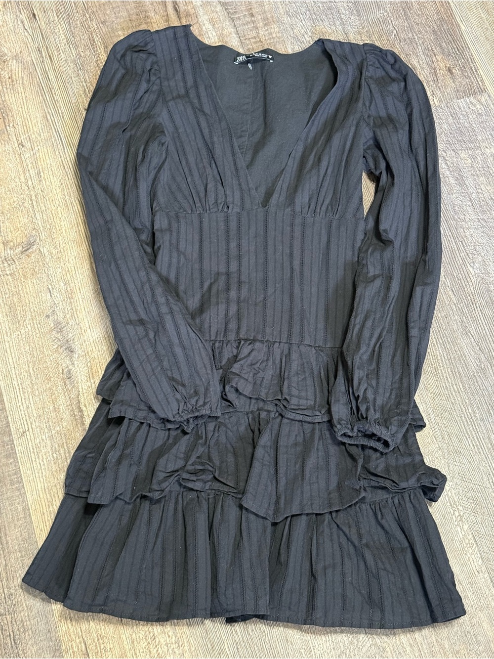 Zara Black Tiered Ruffle Mini Dress XS Long Sleeve Deep V Boho Cottagecore